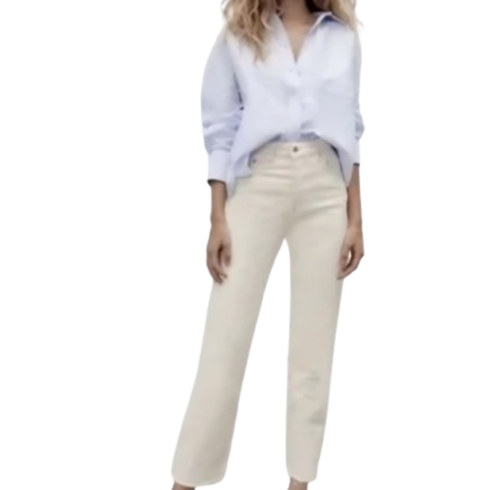 Zara Beige Raw Hem Button Front Jeans Size 4 High Rise Ankle Ecological Cotton